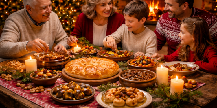 Бъдни вечер в България: Традиции, символи и топлината на домашната трапеза (2025) „Българско семейство около трапезата на Бъдни вечер с постни традиционни ястия“