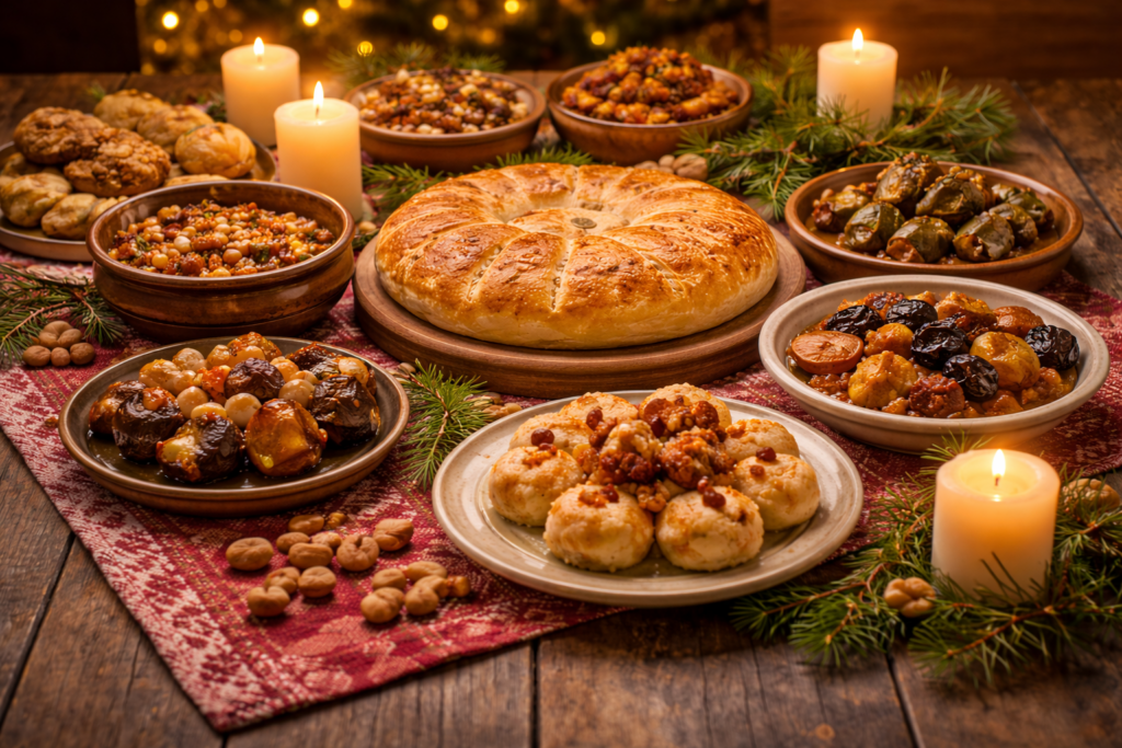 Бъдни вечер в България: Традиции, символи и топлината на домашната трапеза (2025) „Традиционна българска трапеза за Бъдни вечер с постни ястия и питка с пара“