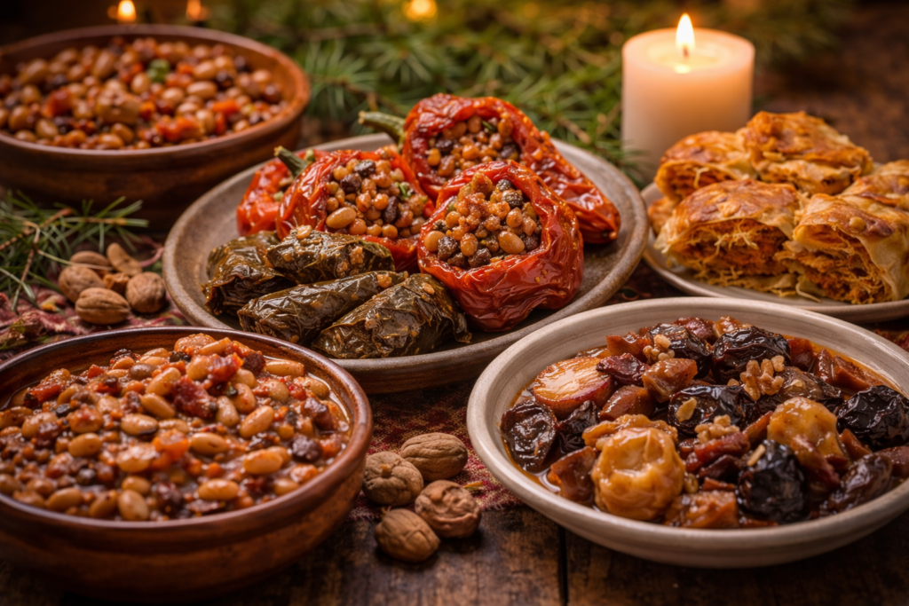Бъдни вечер в България: Традиции, символи и топлината на домашната трапеза (2025) „Постни традиционни ястия за Бъдни вечер – пълнени чушки, сарми, боб и ошав“