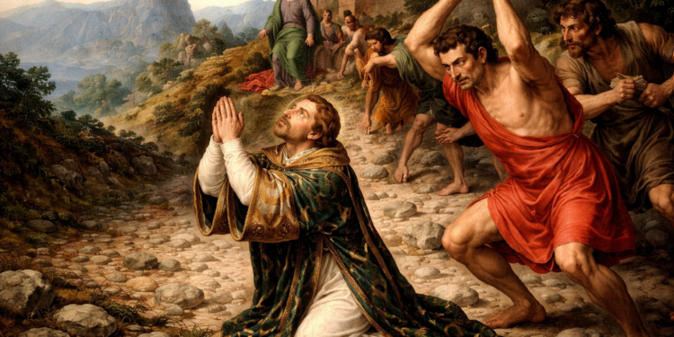 „Мъченичеството на Свети Стефан – сцена от пребиването с камъни, Ренесансов стил“