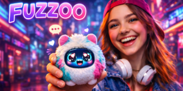 Млада жена държи FUZZOO – AI тамагочи от Китай, умна интерактивна играчка с изкуствен интелект и дигитално лице