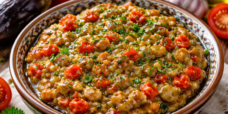 Кьопоолу в керамична купа с печени патладжани, червени чушки, домати, чесън и зехтин, поднесено в традиционен български стил