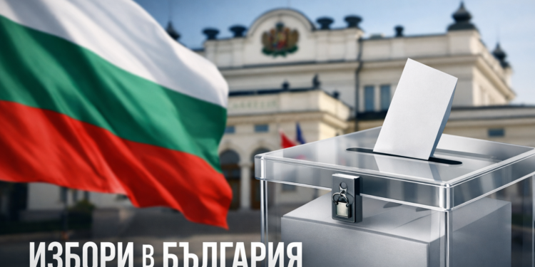Прозрачна изборна урна и българското знаме пред сградата на Народното събрание по време на избори в България