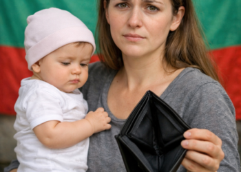 Майка с бебе държи празен портфейл на фона на българския флаг – символ на финансова криза и бедност в България