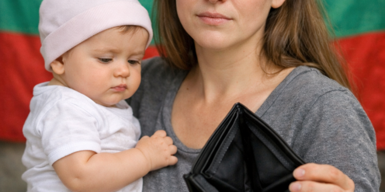 Майка с бебе държи празен портфейл на фона на българския флаг – символ на финансова криза и бедност в България