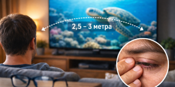 Гледане на телевизия от правилно разстояние за предпазване на очите от зрителна умора