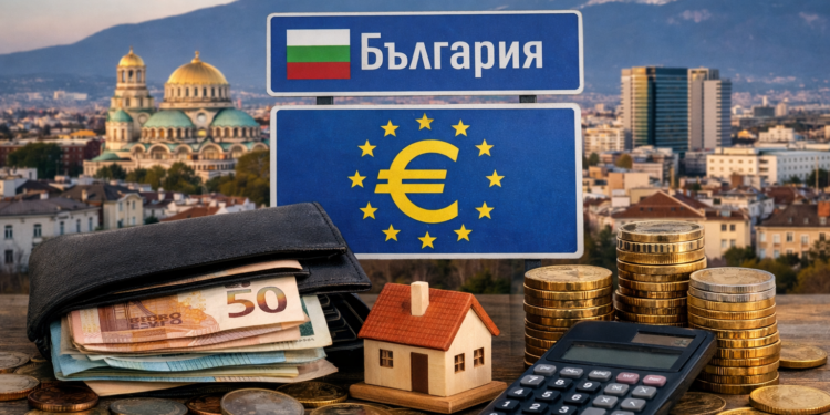 Приемането на еврото в България – символи на европейската валута, пари, жилище и градски пейзаж на София