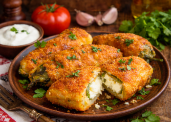 Хрупкави чушки бюрек със сирене и яйца, поднесени в чиния на дървена маса – традиционно българско ястие