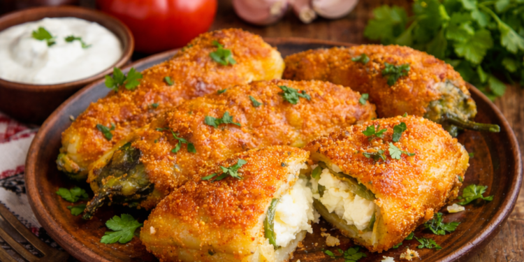 Хрупкави чушки бюрек със сирене и яйца, поднесени в чиния на дървена маса – традиционно българско ястие