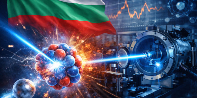 Български учени постигнаха ядрена реакция в контролирана среда – пробив в световната наука Илюстрация на ядрена реакция в контролирана среда, постигната от български учени чрез лазерна технология