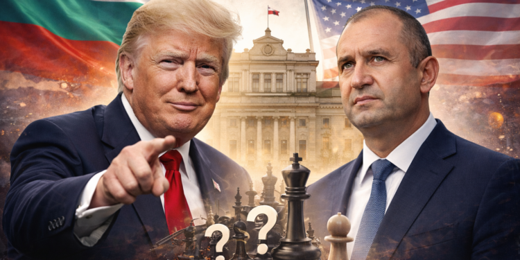 Доналд Тръмп и Румен Радев на фона на българското и американското знаме, символична шахматна дъска и политическо напрежение между САЩ и България