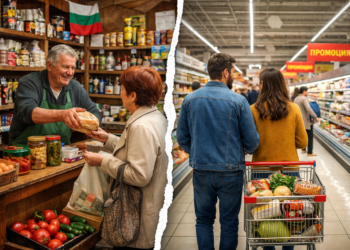 Alt text: Сравнение между малък квартален магазин и голяма търговска верига в България