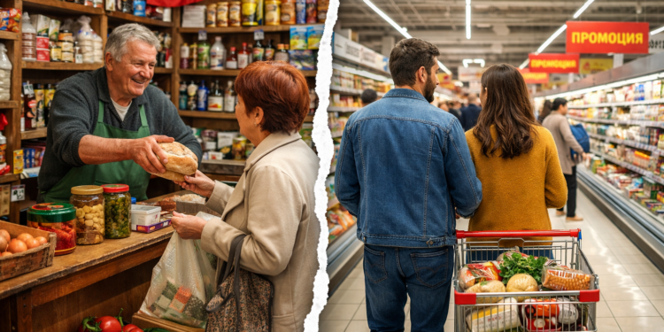 Alt text: Сравнение между малък квартален магазин и голяма търговска верига в България