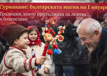 Дете сурвака възрастен мъж с украсена дрянова сурвачка по време на традиционното българско сурвакане на 1 януари.