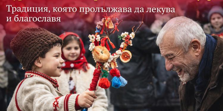 Дете сурвака възрастен мъж с украсена дрянова сурвачка по време на традиционното българско сурвакане на 1 януари.