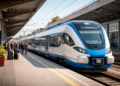 Модерен пътнически влак на жп гара в България като част от обновяването на железопътния транспорт