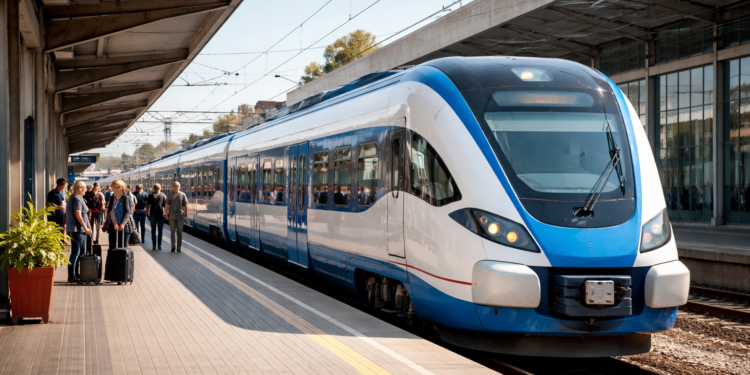 Железниците с нови влакове от април: какво обещава транспортното министерство Модерен пътнически влак на жп гара в България като част от обновяването на железопътния транспорт