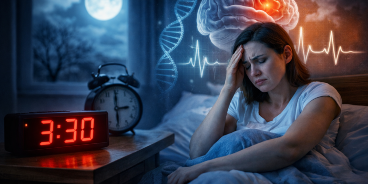 Защо се будим между 3 и 5 сутринта – какво казва медицината Човек се събужда посред нощ в 3:30 сутринта – илюстрация на проблеми със съня и нощно събуждане