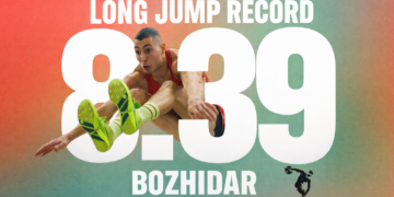 Божидар Саръбоюков по време на рекордния скок от 8,39 м в скока на дължина в Метц