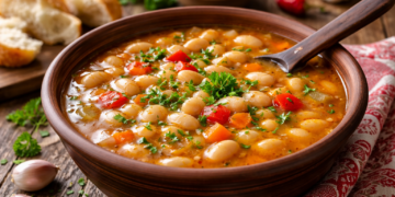 Традиционна българска боб чорба в глинена купа с подправки и магданоз