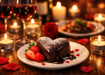 Романтичен шоколадов десерт с ягоди за Свети Валентин, поднесен за вечеря за двама