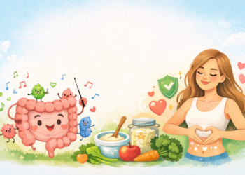 Илюстрация на чревна микробиота и жена със здрави черва, символ на добро храносмилане, имунитет и женско здраве