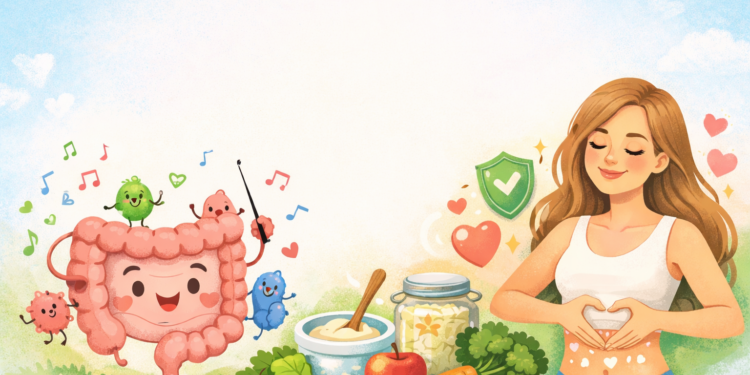 Илюстрация на чревна микробиота и жена със здрави черва, символ на добро храносмилане, имунитет и женско здраве