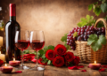 14 февруари по български с чаша червено вино, грозде и рози в романтична обстановка