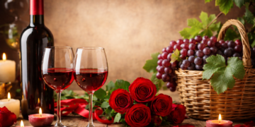 14 февруари по български с чаша червено вино, грозде и рози в романтична обстановка