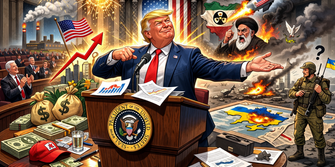 Карикатура на Доналд Тръмп по време на реч пред Конгреса със символи на икономически успех и международни конфликти