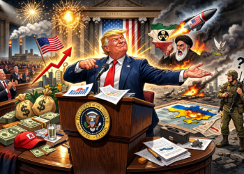 Карикатура на Доналд Тръмп по време на реч пред Конгреса със символи на икономически успех и международни конфликти