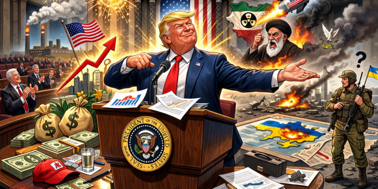 Рекордна реч на Тръмп пред Конгреса разтърси политиката Карикатура на Доналд Тръмп по време на реч пред Конгреса със символи на икономически успех и международни конфликти