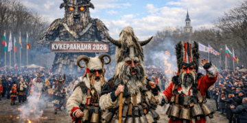 Кукери по време на Международния маскараден фестивал Кукерландия 2026 в Ямбол пред рекорден брой посетители