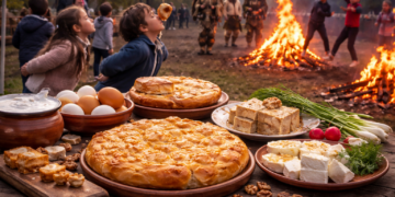 Традиционна трапеза за Сирни Заговезни с баница, яйца, сирене и халва, деца играят хамкане край огън на открито