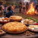 Прошка и Сирни Заговезни: трапезата, която събира семейството Традиционна трапеза за Сирни Заговезни с баница, яйца, сирене и халва, деца играят хамкане край огън на открито