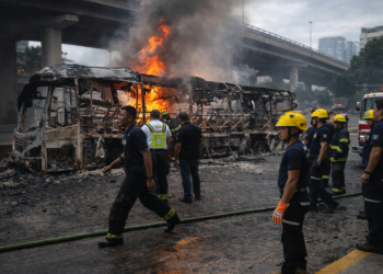 Горящ автобус по време на безредиците в Мексико след убийството на Ел Менчо през 2026 година