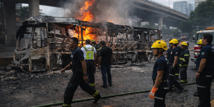 Горящ автобус по време на безредиците в Мексико след убийството на Ел Менчо през 2026 година