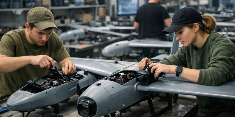 Украински инженери сглобяват дронове в модерна производствена база като част от технологичните инвестиции на страната през 2026 г.