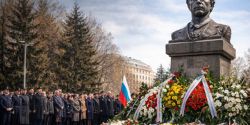 Възпоменателна церемония в памет на Васил Левски с поднесени венци и граждани пред паметника