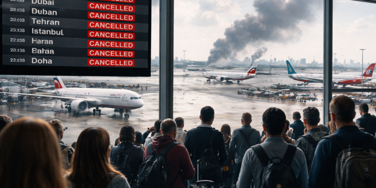 Самолети на летище при отменени полети заради войната в Иран през 2026 година