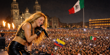 Шакира по време на безплатния концерт на площад Zócalo в Мексико Сити през 2026 г. пред огромна публика