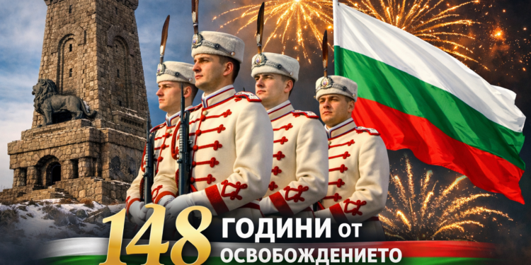 Честване на 3 март на връх Шипка по повод 148 години от Освобождението на България с български флаг и тържествена заря