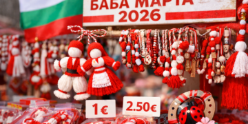 Мартеници за Баба Марта изложени на празнична сергия в България с цени в евро