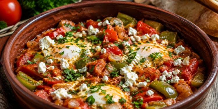 Лятна манджа – традиционна българска рецепта с вкуса на лятото Лятна манджа с домати, чушки, яйца и сирене, поднесена в керамичен съд.