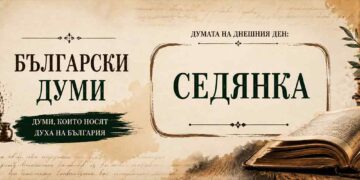 Думата „Седянка“ върху старинен шаблон с перо, мастилница и отворена книга.