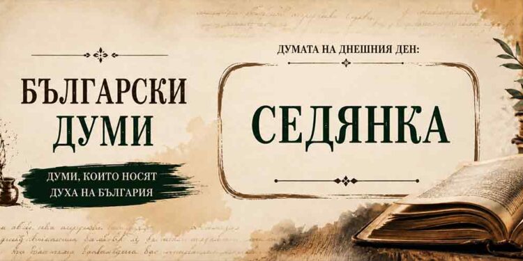 Богатството на българския език: „Седянка“ – работа, песни и срещи Думата „Седянка“ върху старинен шаблон с перо, мастилница и отворена книга.