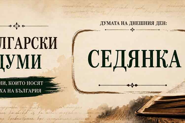 Думата „Седянка“ върху старинен шаблон с перо, мастилница и отворена книга.
