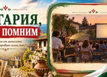 Зрители гледат прожекция в лятно кино на открито в България, представено в шаблона „България, която помним“.