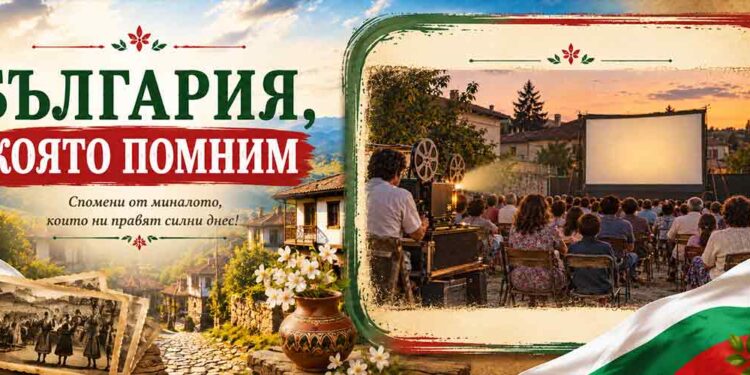 Зрители гледат прожекция в лятно кино на открито в България, представено в шаблона „България, която помним“.