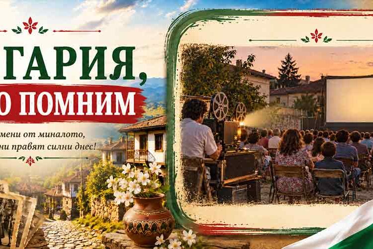 Зрители гледат прожекция в лятно кино на открито в България, представено в шаблона „България, която помним“.